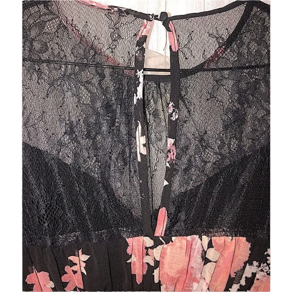 FREE PEOPLE NWT Black Lace Pink Beige Floral Boho Blouse  Top Long Sleev…